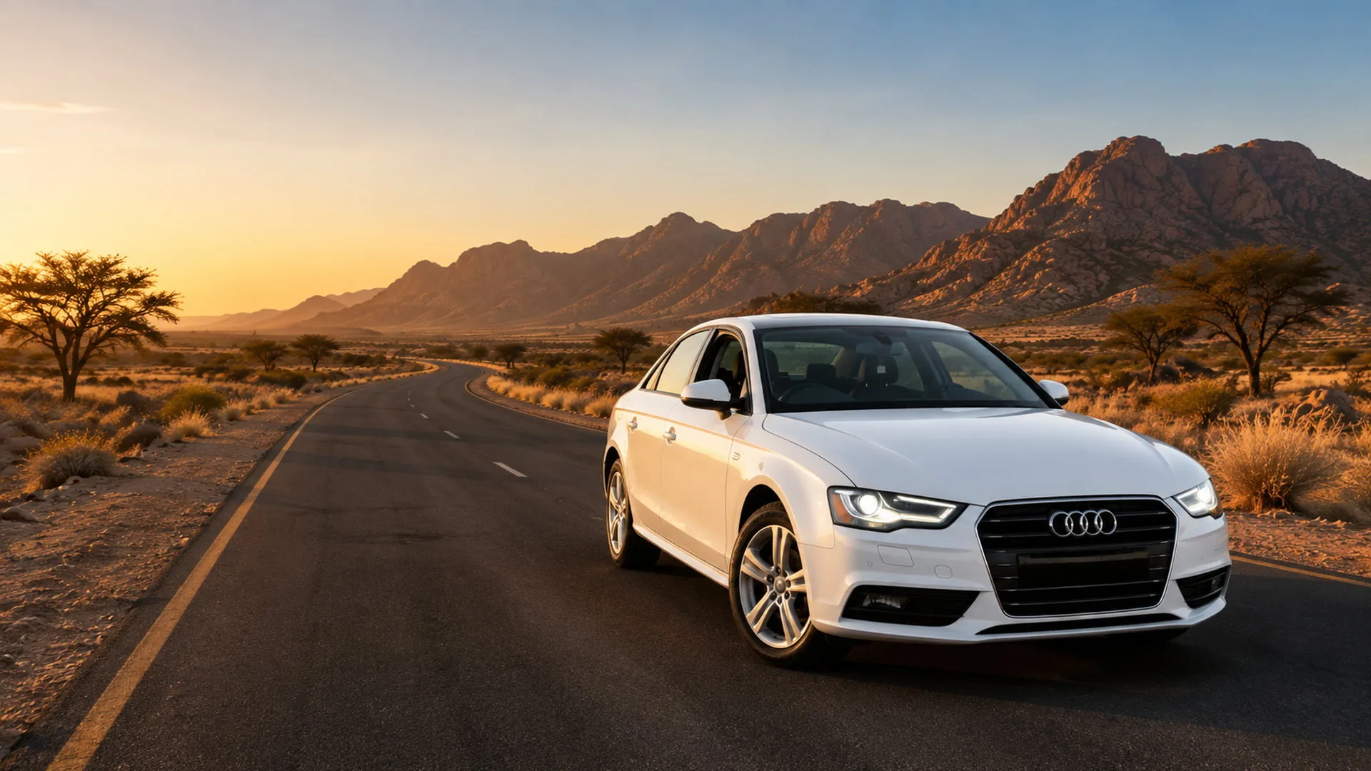 An Audi A4 from the Sofar fleet on an open Namibian road at sunset